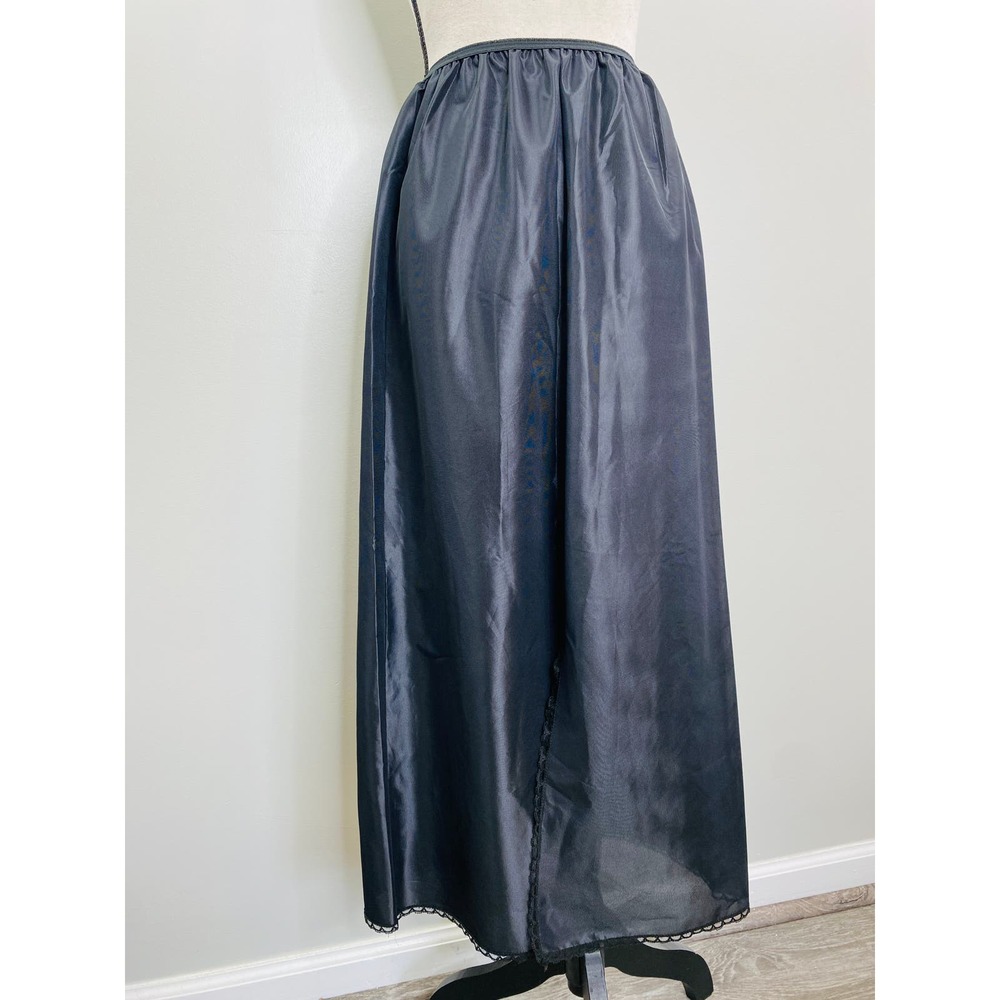 Vintage Vassarette Black Nylon Skirt Slip Women Medium Front Slit Long MCM Femme